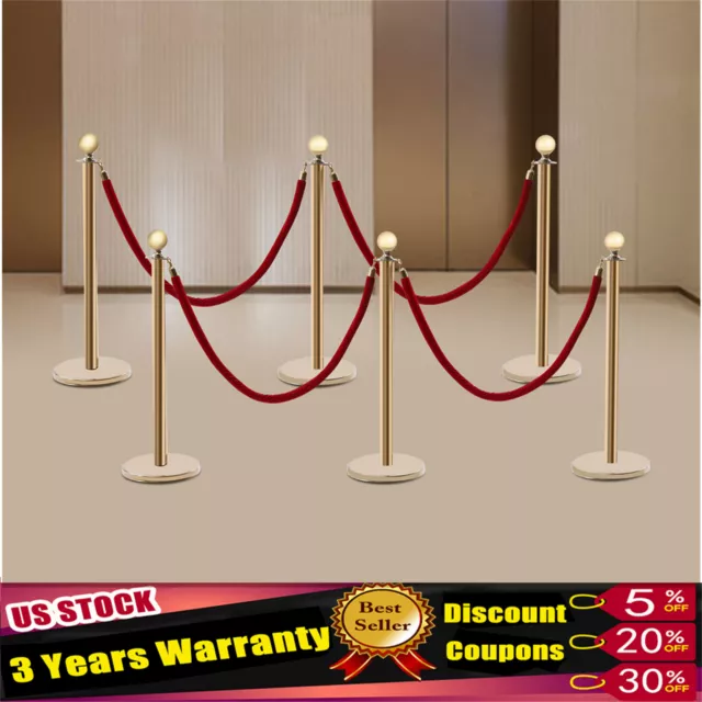 6 Pcs Red Velvet Rope +Gold Stanchion Post Set Crowd Control Queue Pole Barrier