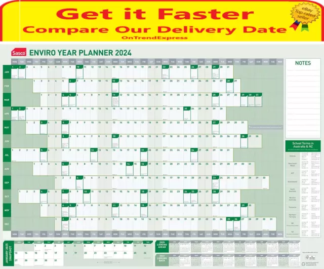 SASCO 2024 CALENDAR Year Wall Planner 870 x 610mm Enviro Includes Pen