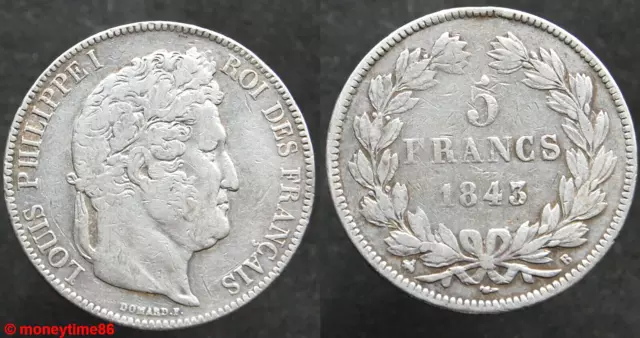 FRANCE ! 5 Franc Louis Philippe I,  1843 B, rouen, en TB