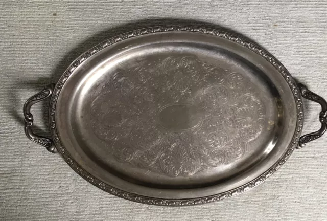 Vintage 1950s Oneida Silver plate 24" Oval Serving Tray Platter Etched w/ Handle