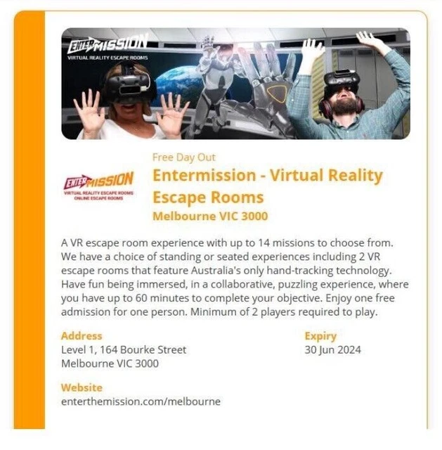 Entermission VR Escape Room Voucher - Melbourne Exp 30 June 2024. 50% off! Entermission VR Escape Room Voucher - Melbourne Exp 30 June 2024. 50% off!