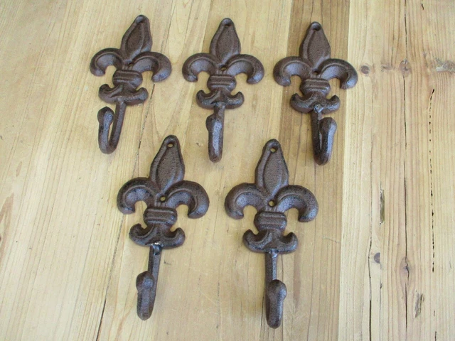 5 LARGE Cast Iron Fleur De Lis Coat Hooks Hook Hall Tree Hat Dog Leash Fluer