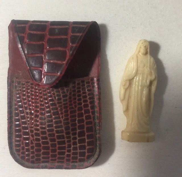 French Antique Religious Statue. Saint Virgin Mary, Jesus. Pocket Shrine. Travel