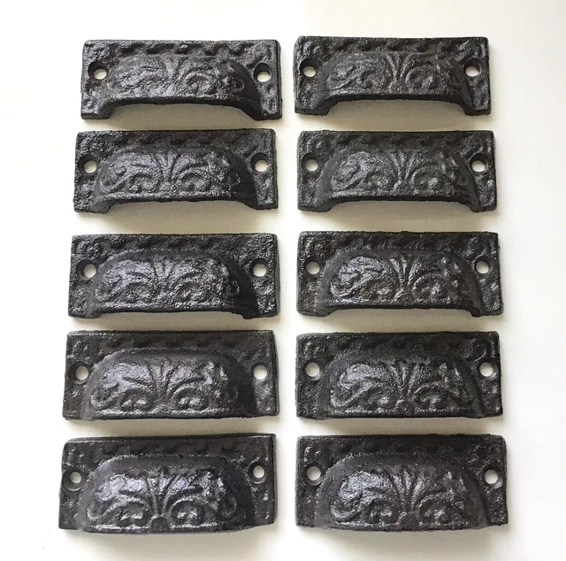 10 Cast Iron Brown 3" Ornate Pulls Drawer Bin Cabinet Handles Rustic Vintage
