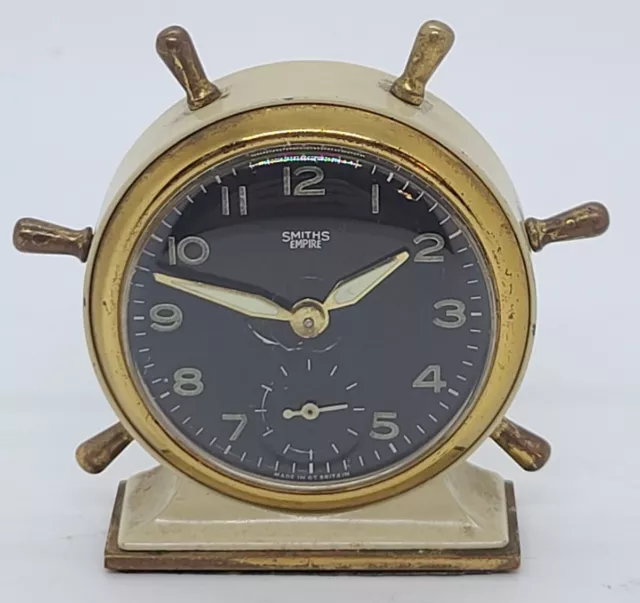 Vintage Working SMITHS England 8 Day Brass Ship's Wheel Mini Nautical Desk Clock