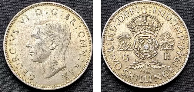 1944 UK  2 Shillings Coin UNC   Silver .500 ASW .1818 Toz 	D111