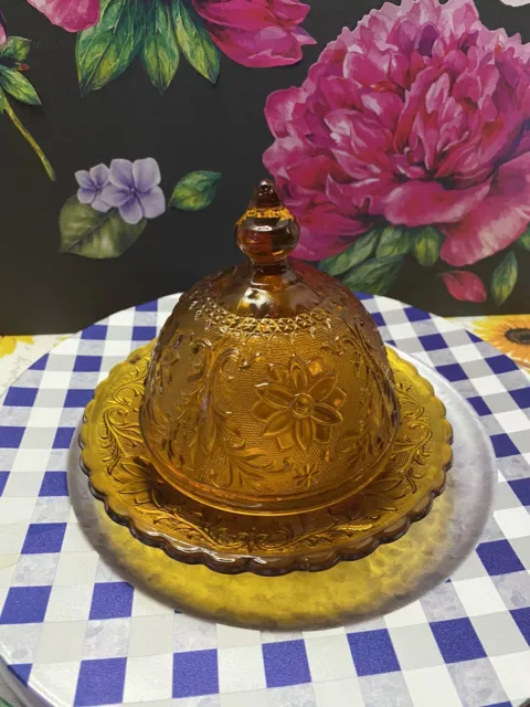 Vintage Amber Sandwich Glass Round Covered Butter Dish W/Dome Lid By Tiara 1971