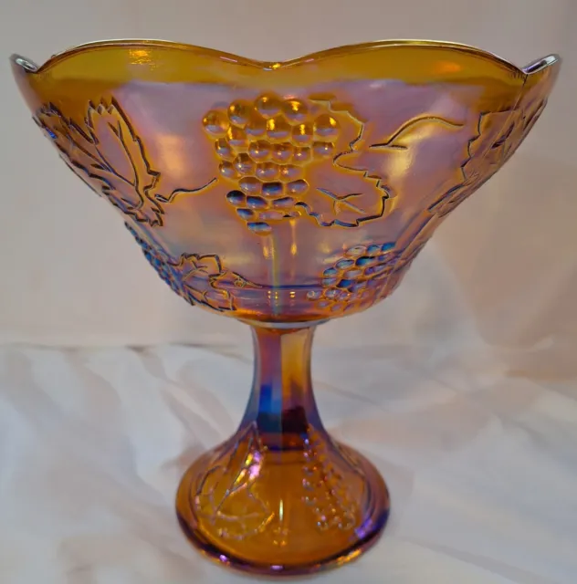 Vtg Indiana Carnival Glass Marigold Harvest Grape Compote Pedestal Fruit Bowl