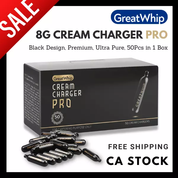 Whipped Cream Chargers 8G PRO 50 300 600 PCS GreatWhip Pemium Pure Black Design