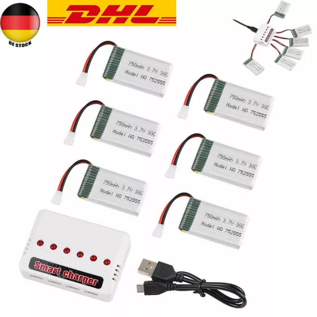 6 Stücke 3,7V 750mAh 1S Lipo Akku 30C mit Ladegerät für RC Quadcopter Drohne