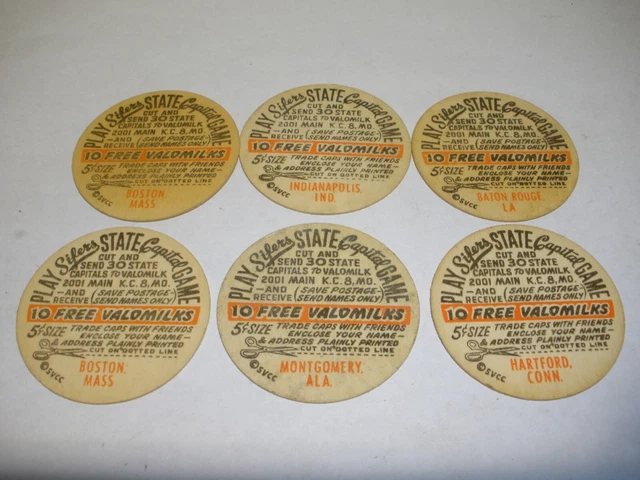 Sifers Valomilk Candy State Capitals Game Caps Vintage 1950s Milk Bottle Dairy