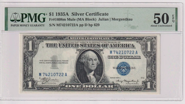 Fr 1608m 1935A Mule $1 SC M74210722A bp 629 PMG 50EPQ 1935-A