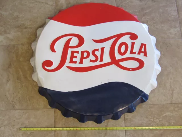 Vintage 38" Embossed Pepsi Cola Metal Bottle Cap Sign Antique Rare Large Mancave