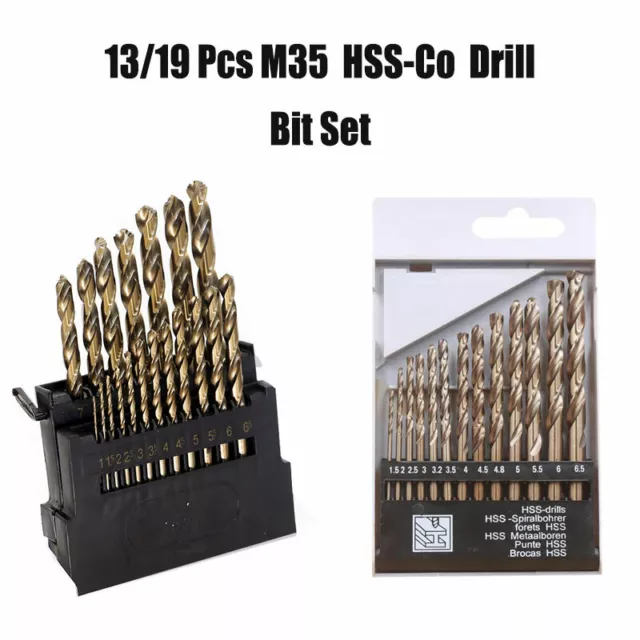 13/19ps M35 Metal HSS-Co Cobalt Metric Spiral Twist Drill Bit Set 1.5-6.5/1-10mm