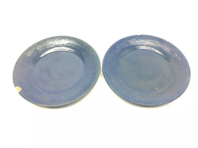 Two Vintage Used Signed LK Glazed Blue Pottery Chipped Decorative 7.75” Plates