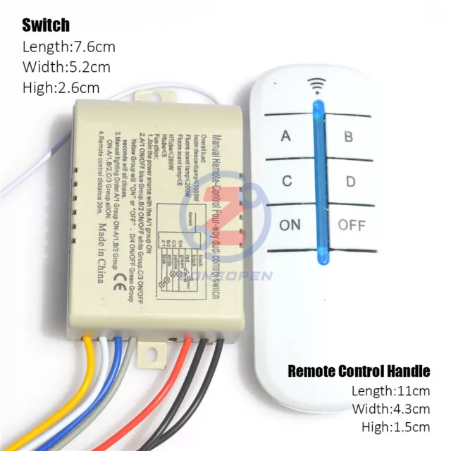 4 Way ON/OFF 220V Lamp Light Wireless Remote Control Switch Receiver Transmitter