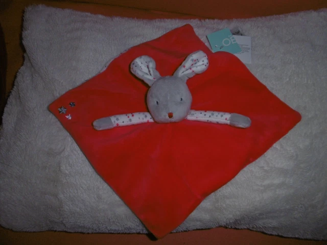Doudou Plat Obaibi Okaidi Lapin Souris Rouge et Gris Etoile  NEUF