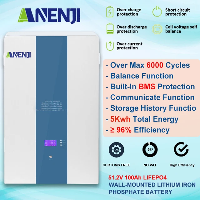 100AH 51.2V 5.12Kwh LiFePO4 montaje en pared batería almacenamiento de energía hogar BMS solar