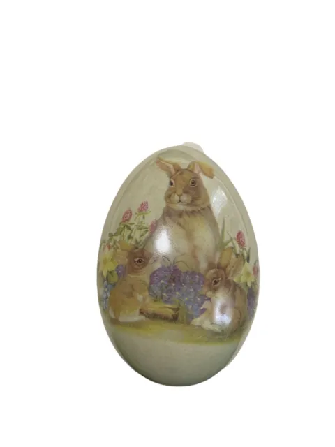 Ceramic Egg Shaped Tricket Box w/ Lid Beige “ Momma &Baby Bunnies  Spring Flower