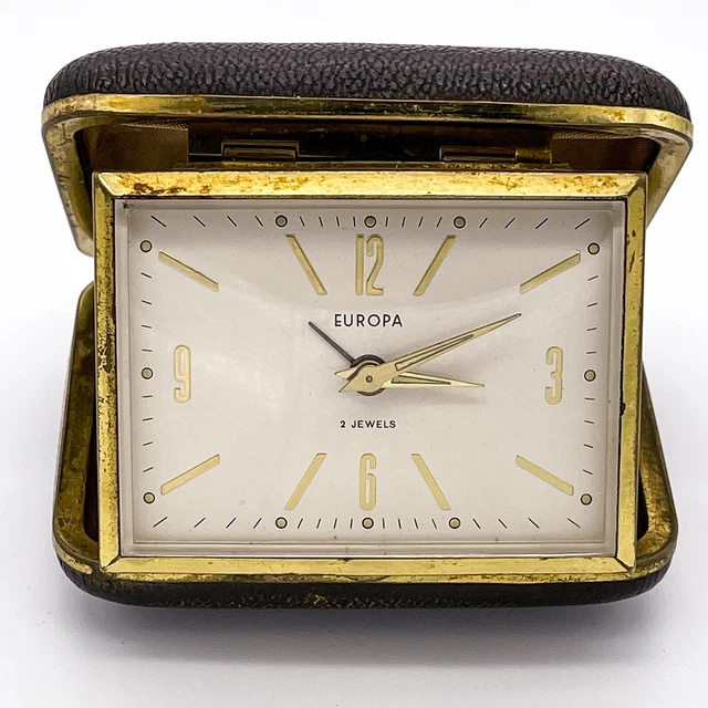 Réveil de voyage vintage, années 60, étui métal doré et cuir (Gebraucht