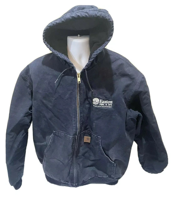 Carhartt Work Canvas Duck Lined Hooded Distressed Jacket Navy Blue Size 2XL J130