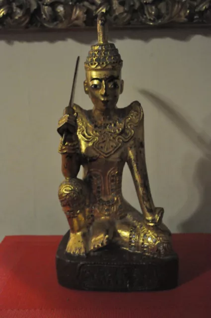 19th Century Burmese Nat 24K Gilded Teak Wood Statue - Original - Buddha -15"