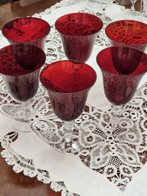 VTG. Ruby Red Hand  Blown Wine/Water Goblet Clear Stem Glasses Set Of 6