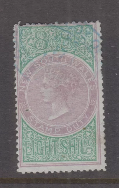 NSW 1872 8/- QV STAMP DUTY - revenue- Wmk NSW narrow S- Elsmore Cat $80++ FU