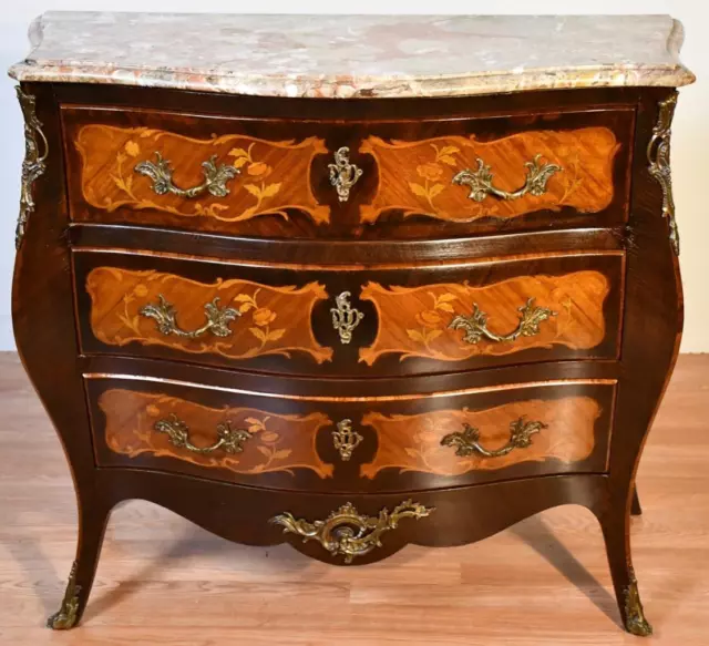 1920 Antique French Louis XV Walnut Satinwood inlaid Marble top Commode Dresser