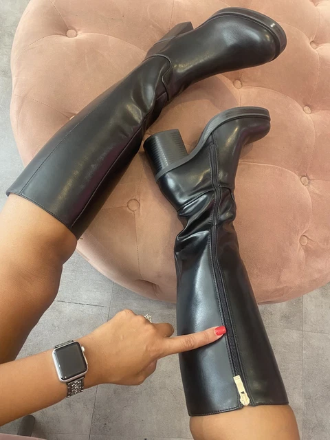 Chaussures Bottes Femme Talon Carré Couleur Noir