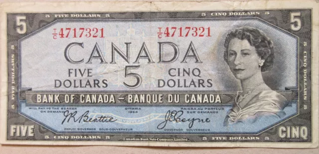 1954 Bank of Canada Five Dollars Bill. BETTER GRADE VF $5 Note (PS-C)