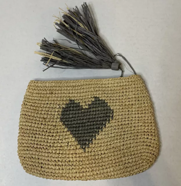 Mar Y Sol Carrie Heart Crochet Raffia Tassel Clutch  Pre-owned