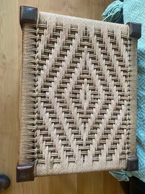 Retro Vintage Rope tall Foot Stool Wooden Frame Woven, Weaved Square Seat 2