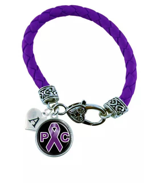 Custom Pancreatic Cancer Awareness Ribbon Purple Leather Bracelet Jewelry Charm