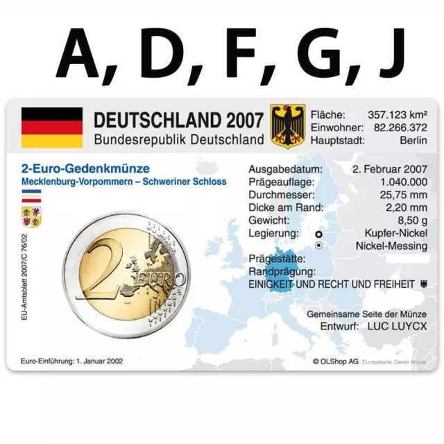 Deutschland Münzkarte 5x 2 Euro 2007 Mecklenburg Schweriner Schloß ohne Münzen