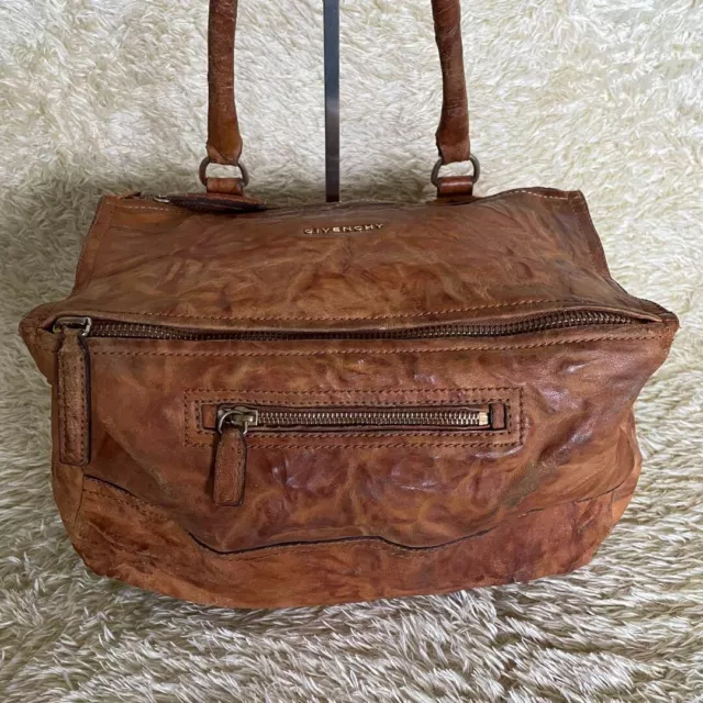 GIVENCHY Pandora Brown Wrinkled Leather 2way Shoulder Bag Handbag Logo Zipper 2