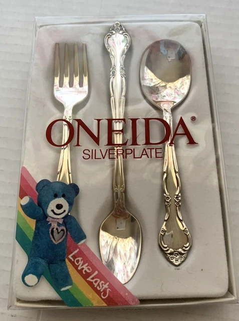 Tenedor para bebé Oneida Silverplate y 2 cucharas sin usar afecto amor dura 3 piezas