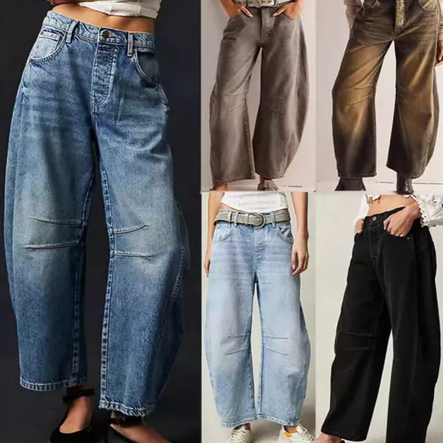 Jeans Da Donna A Gamba Larga A Vita Media Pantaloncini In Denim Larghi A +