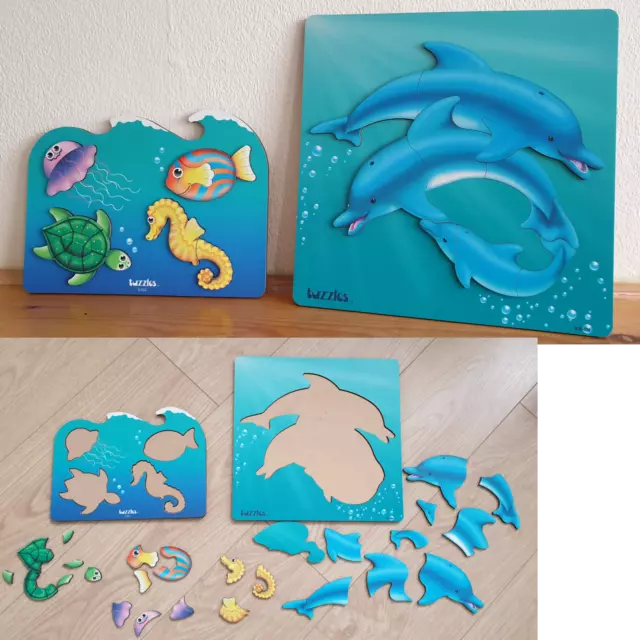 2 X 3D Wooden TUZZLES jigsaw puzzle SEA ANIMALS DOLPHIN FAMILY pre-school 26 pcs