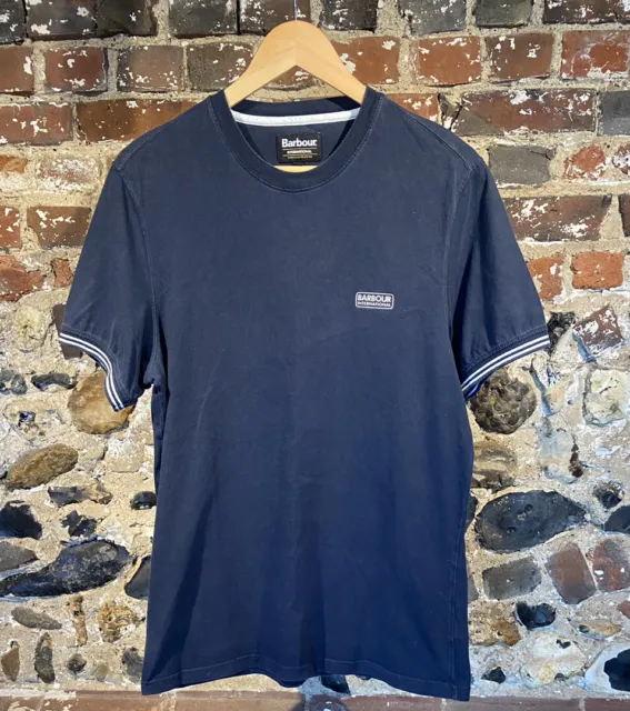 Barbour International T Shirt Size Large Logo Slim Fit Navy Blue White Trim