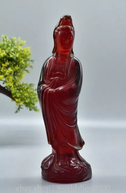 9.6" Old Chinese Red Amber Carving Kwan-yin Guan Yin Goddesses Statue Sculpture