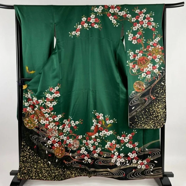 Woman Japanese Kimono Furisode Silk Temari CherryBlossom Gold Foil DeepGreen