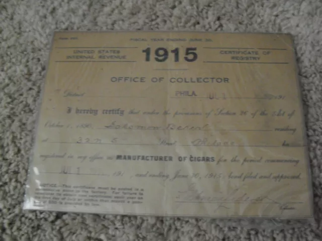 Vintage 1915 Philadelphia US IRS Manufacturer of Cigars Certificate
