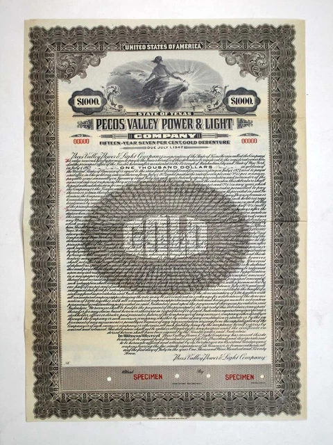TX. Pecos Valley Power & Light Co., 1927. $1000 Specimen 7% Coupon Bond, F-VF