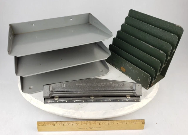 Vintage Mid Century Modern Curmanco Currier Metal Desk Folder Tray 3 Hole Punch