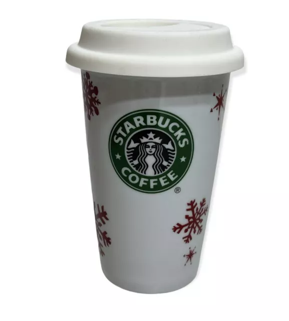 Starbucks Ceramic Holiday Cup With Lid Snowflakes Logo 8 oz.
