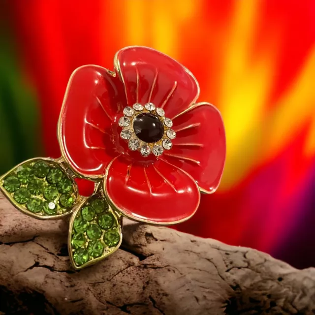 Women Red Flower Petal Pin Brooch with Green Stones Leafs BR439