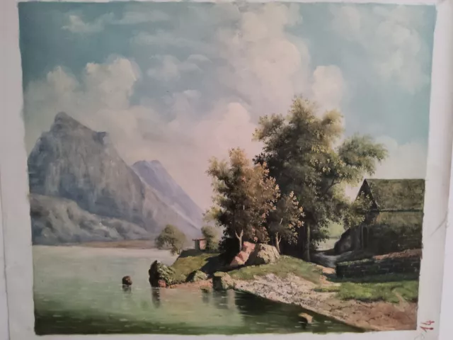 Pintado a Mano Paisaje Lago Alpino Óleo sobre Lienzo Imagen Clasico 50x60 CM