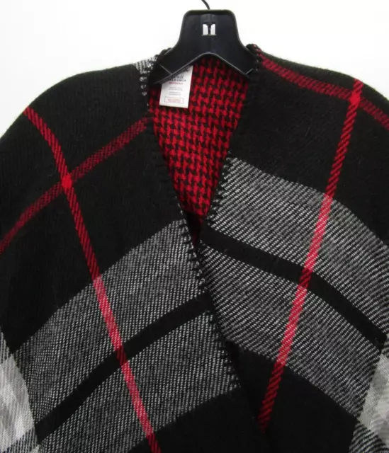 Woolrich Sweater Women OS Black Red Reversible Open Wrap Poncho Kimono Plaid 2