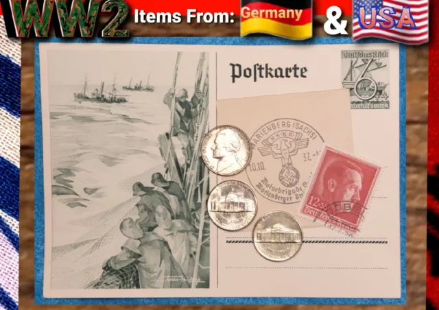 WW2 Era Lot 🎖 BU Jefferson Silver War Nickels 1943 PDS & Nazi Hitler Stamp Post